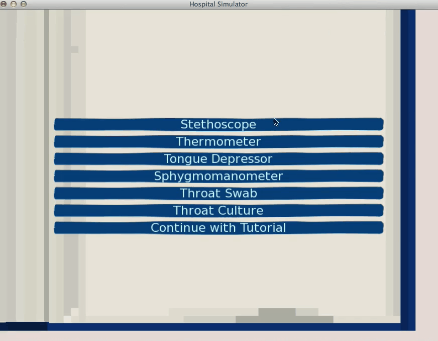 hospital simulator equipment menu, showing various medical instruments